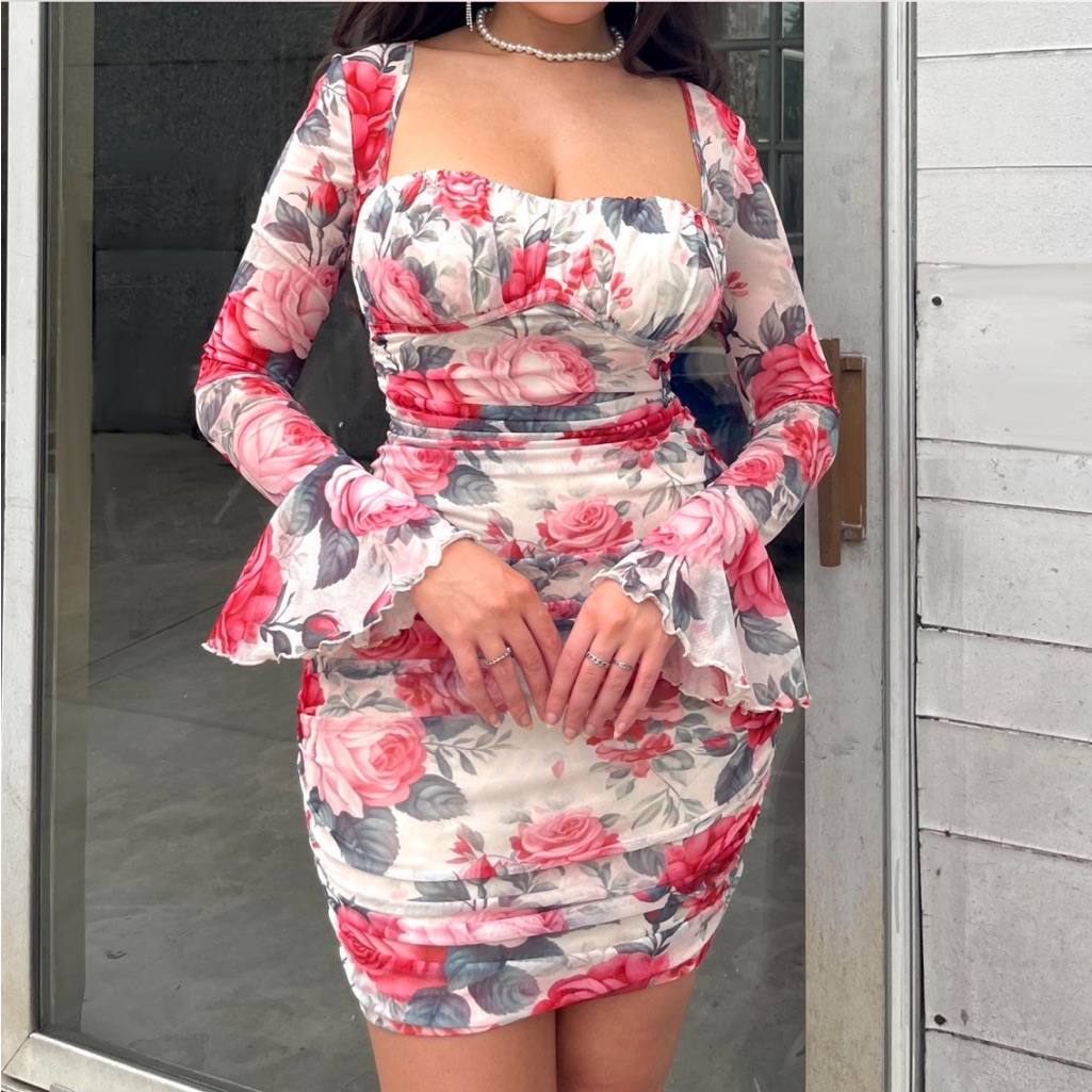 Floral Mesh Mini Dress - White/Pink